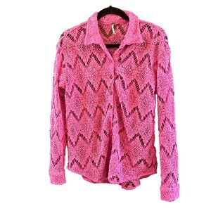 Free People Barbie Pink Crocheted Lace Button Up Blouse Small Long Sleeve Boho